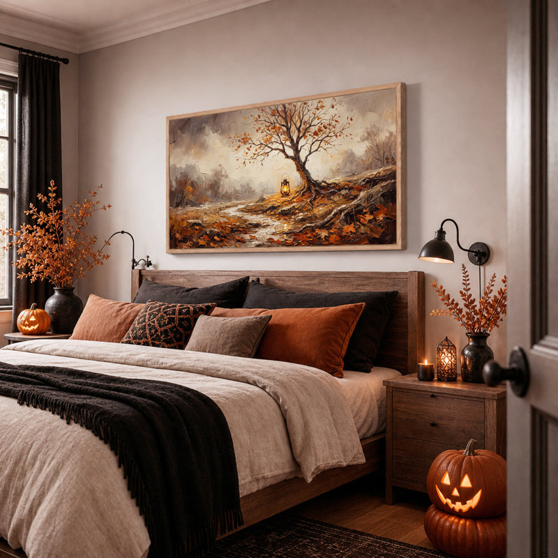 «Autumn Tree with Glowing Lantern On Rainy Path», art mural sur toile