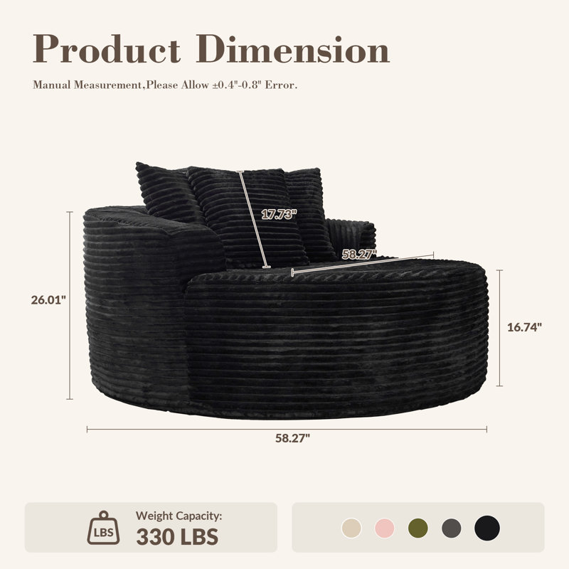 Chaise longue ronde surdimensionnée de 148 cm de large avec coussins, aucun assemblage requis, Velours côtelé noir
