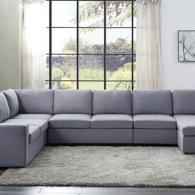 147" Light Grey Linen 7 Seat Reversible Modular Sectional Sofa Chaise (Sectional)