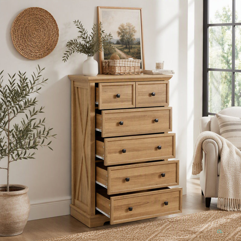 Commode 6 tiroirs, commode haute 6 tiroirs, rangement pour vêtements, armoire de salon 6 tiroirs, chêne, H 31,50 po x l 15,75 po x H 47,64 po