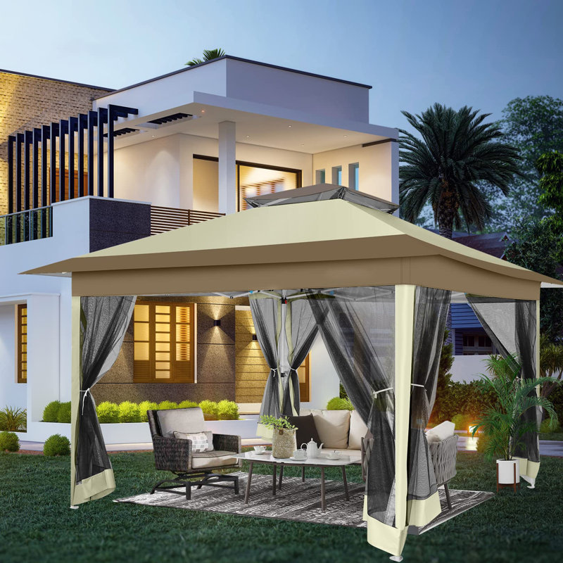 12x12 Outdoor Pop Up Canopy with Mosquito Netting Patio Tent Backyard Canopy with 2-Tiered Vented Top 3 Adjustable Height