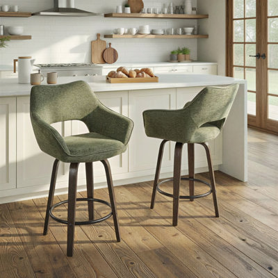 Tabouret de bar et de comptoir en tissu Sarah avec pieds en bois cintré et repose-pieds rond Sarah