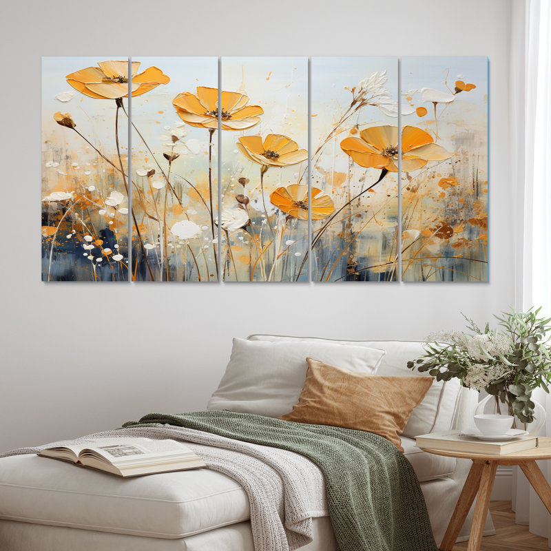 Meadow Blooming Yellow Poppy Flowers V - Décoration murale coquelicots - 5 panneaux égaux