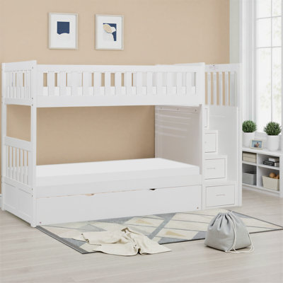 Kobielus Transitional Wood Twin over Twin Bunk Bed with Reversible Step Storage, Pull-Out Trundle Bed & Foundation-Free Design