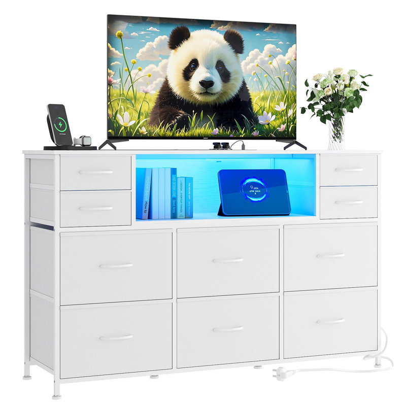 Commode 10 tiroirs en tissu, meuble télé avec lumières DEL RVB et prise de courant pour téléviseur de 45 à 55 po, Blanc