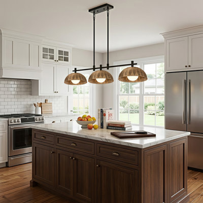 3-light 41"W Black Modern Dome Linear Pendant with Hand-woven Rattan Lampshade for Dining Room or Kitchen Island