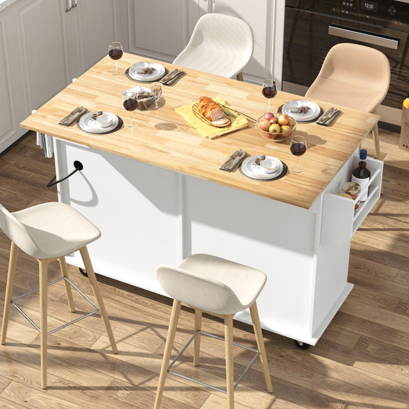 55" Movable Kitchen Island with Drop Leaf and Power Outlet, Rolling Kitchen Cart with Rubber wood Countertop, Island Table on Wheels for Kitchen w/2 Drawers, Spice Rack, Towel Bar, Adjustable Shelves