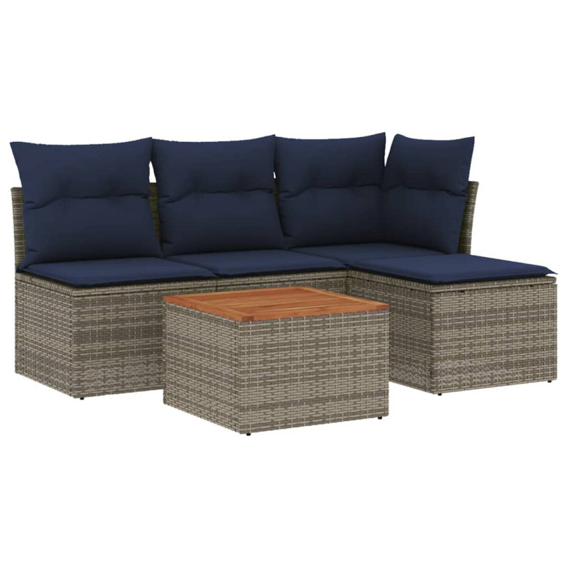 Ensemble de canapé de patio 5 pièces avec coussins pour l'extérieur, Marine, Gris