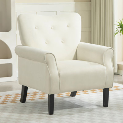 Mid-Century Modern Wingback Accent Chair, Upholstered Fabric Armchair with Sturdy Wood Legs, High-Back Padded Club Chair for Living Room Bedroom Offic