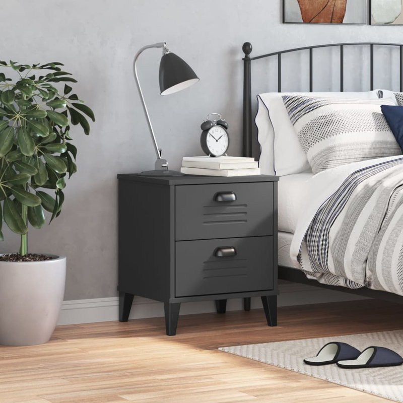Table de chevet en bois massif Kristyanne, Gris anthracite