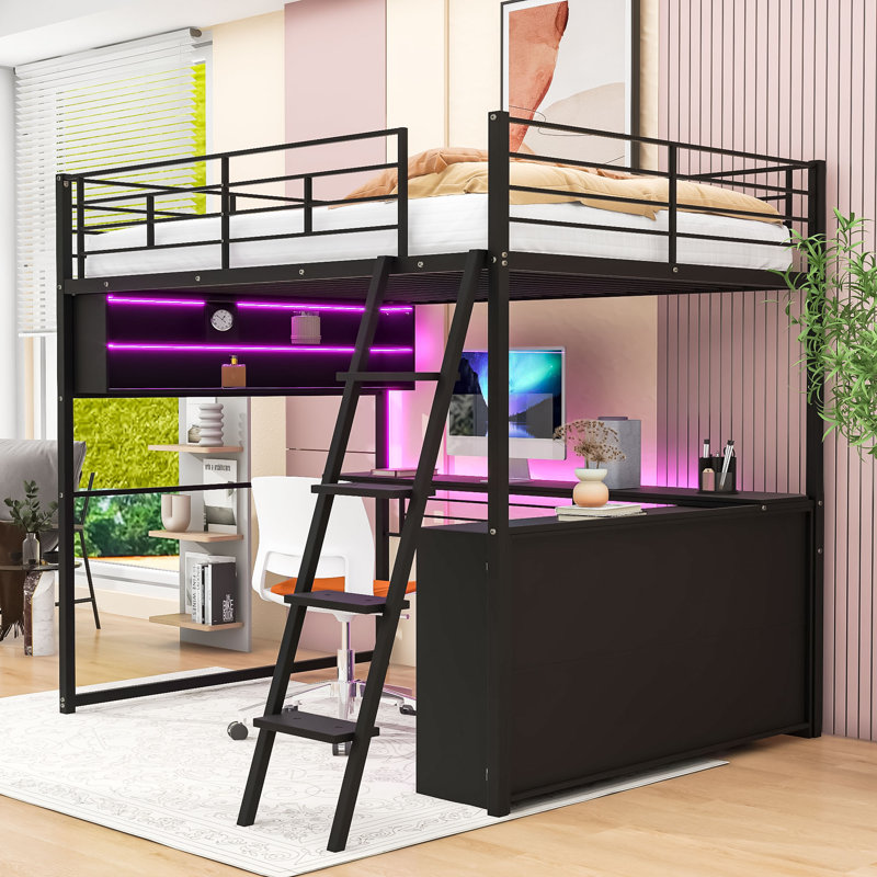 Lit mezzanine avec DEL, bureau et tablettes de rangement, Double