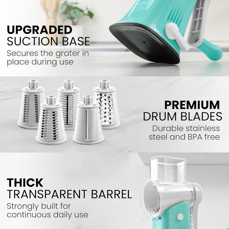 Zulay Kitchen Rotary Cheese Grater with 5 Stainless Steel Blades and Suction Base, Teal