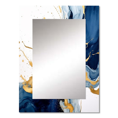 Montelimar Dark Blue and Gold Strokes II - Fractals Mirror, Modern Decorative Wall Mirror, Printed Metal Art