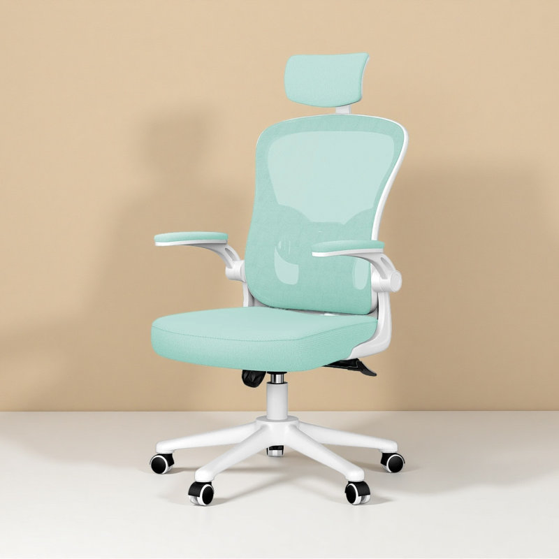 Ergonomic Mesh Office Chair with Adjustable Headrest, Swivel Desk Chair with Flip-Up Arms, White/Green