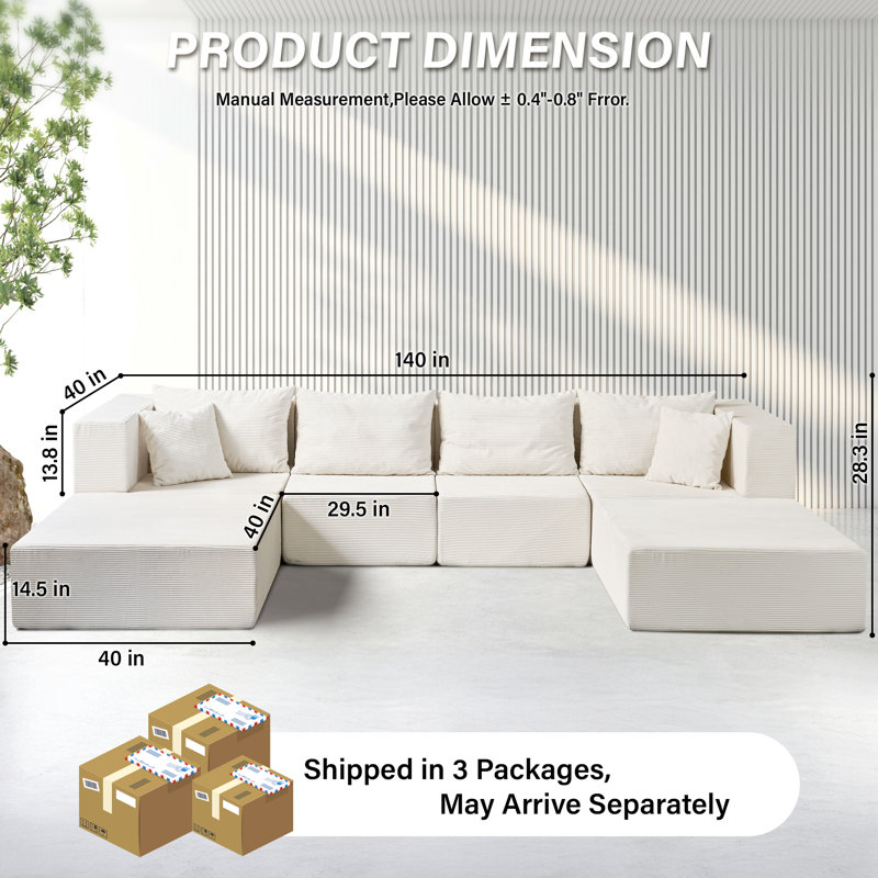 140" Oversized Modular Sectional Sofa,6-Piece Convertible U Shaped Sleeper Sofa With High Density Memory Foam, 6 Seater Free Combination Compression For Living Room