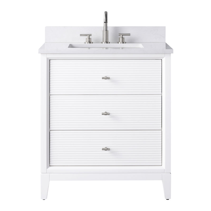 Meuble-lavabo simple 30 po avec plateau en marbre d'ingénierie, Blanc, Nickel brossé, Blanc Ariston