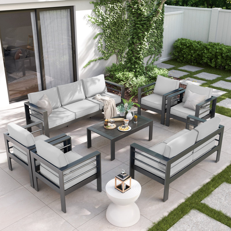Roussel 9-Piece Outdoor Seating Group with Removable Cushions, Light Gray/Dark Gray
