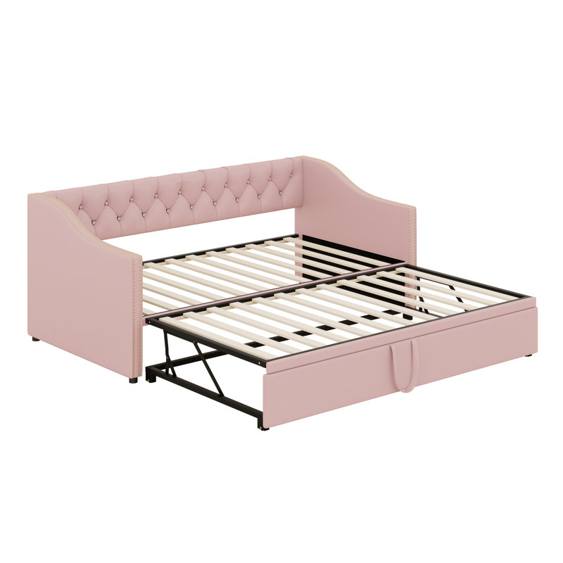 Structure de lit de jour rembourrée en velours avec couchette extensible Elegant, Rose