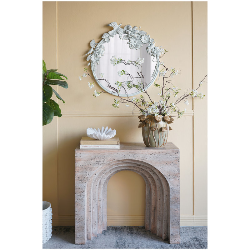 Console sculptée 32,3 x 14,2 x 29,9 po arquée avec faux travertin beige