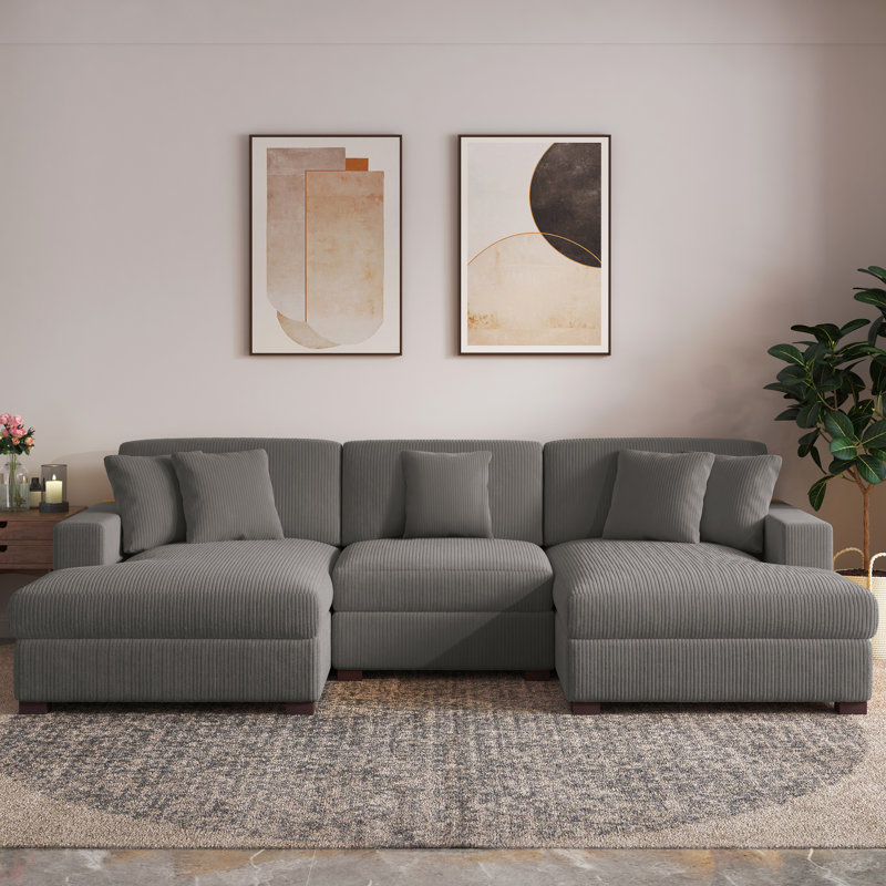 Milbrey 3 - Piece Upholstered Light Gray Corduroy Modular Sectional Sofa with Pillow Back and Solid Wood Legs