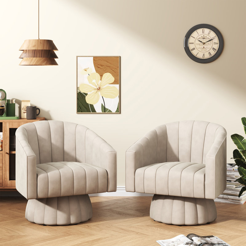 Ensemble de 2 fauteuils pivotants rembourrés surdimensionnés, Polyester beige