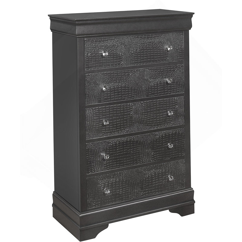 Commode verticale en bois manufacturé avec 5 tiroirs, Gris métallisé
