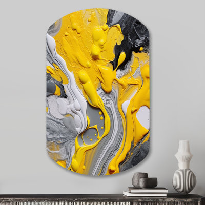 Yellow and Grey Cosmic Vibrations II - Abstract Asymmetrical Metal Wall Art, Yellow Cylinder Metal Art Print