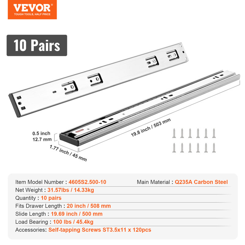 VEVOR 24 Inch Drawer Side Mount Rails, 0.5" H x 1.77" W x 20" D