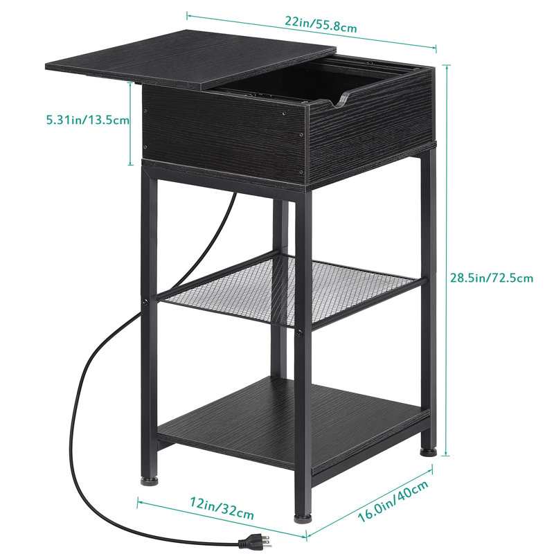 Table de bout avec station de charge Table de chevet Table de chevet étroite à plateau coulissant avec tablettes de rangement Livrée avec port USB et prise de courant