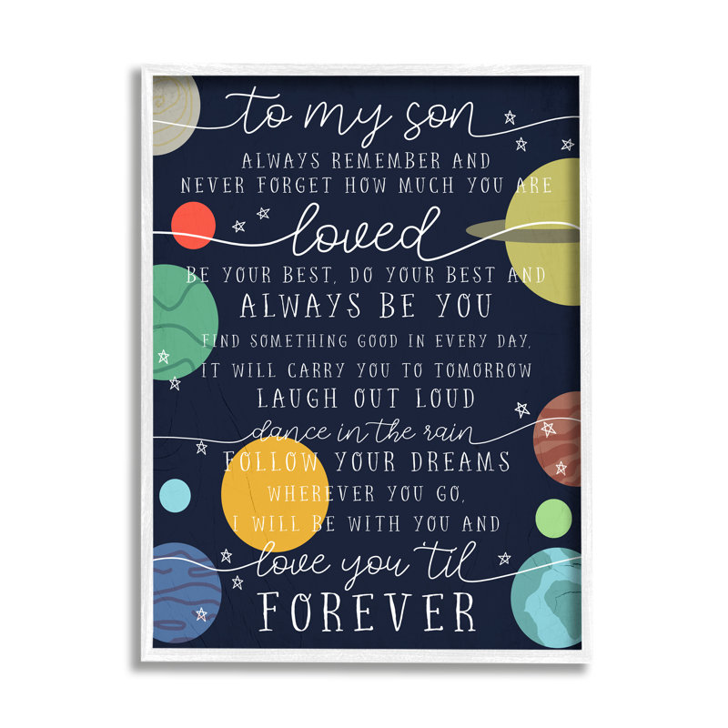 «My Son Love You Forever», phrase surdimensionnée noire encadrée par estampe numérique par Daphne Polselli