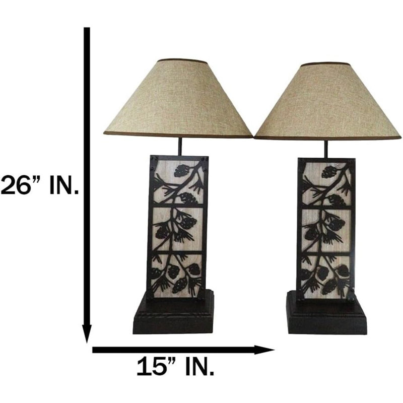 Set Of 2 Rustic Western Pinecone On Branches Wood Metal Bedside Table Lamps