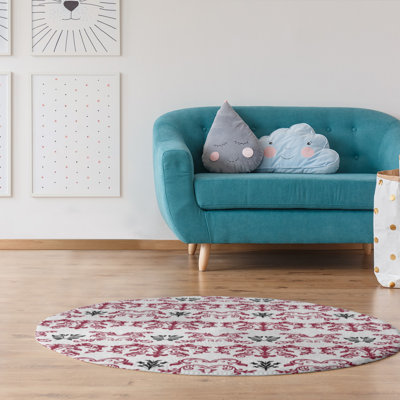 Tapis rond rond damassé à motif baroque blanc