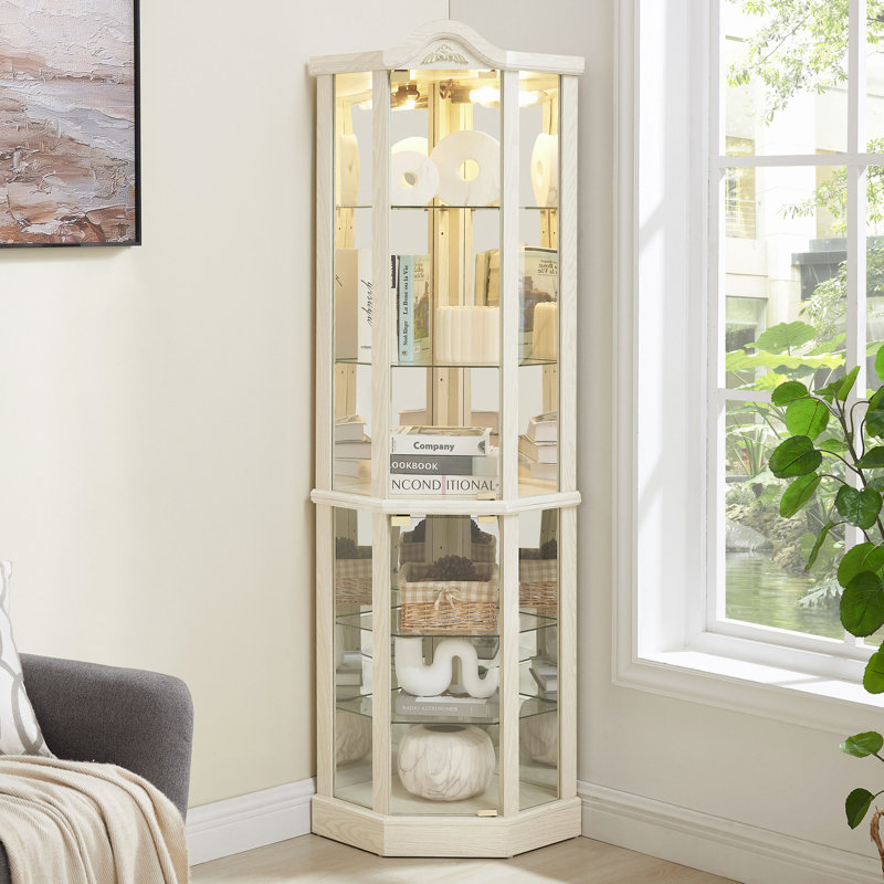Armoire de coin vitrée éclairée avec tablettes réglables, White