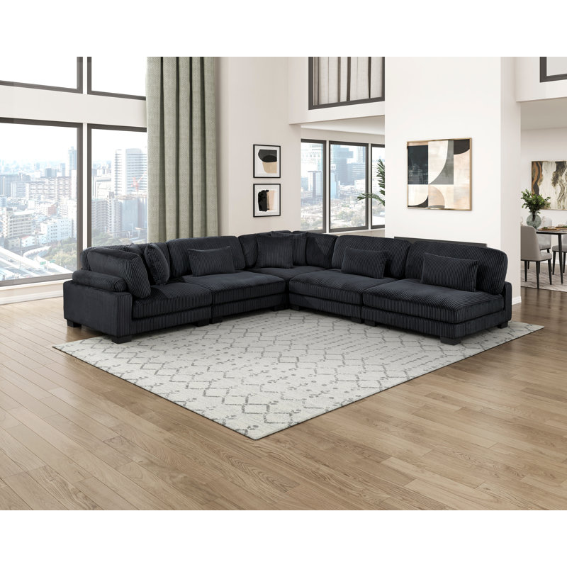 Canapé modulaire en L 5 pièces Constantino, H 34,5 po x l 135 po x P 135 po, Velours côtelé noir
