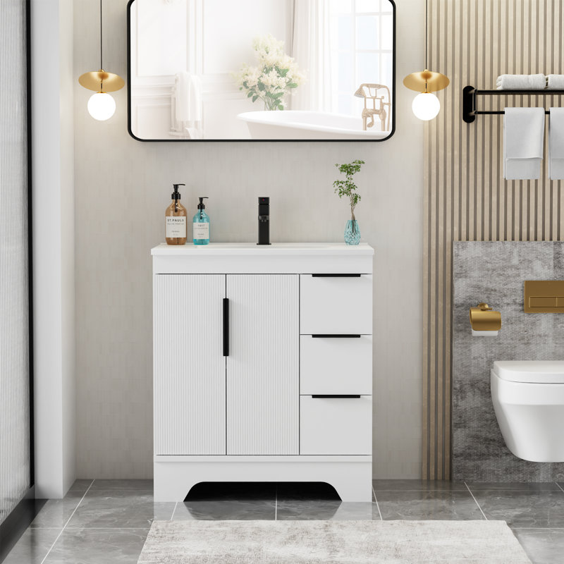 Ensemble de meuble-lavabo moderne simple 30 "avec comptoir en résine Skeen, robinet, assemblage requis Skeen, 30", Blanc