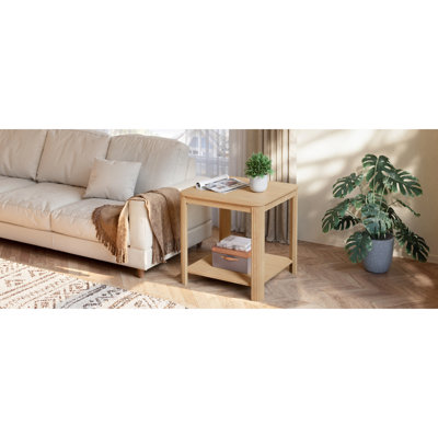 Rounded Corner End Table with Vertical Wave Grain Legs, 2-Tier Boho Side Table,  22.1'' Square Nightstand for Small Spaces, for Living Room, Bedroom, Home Office, Oak.