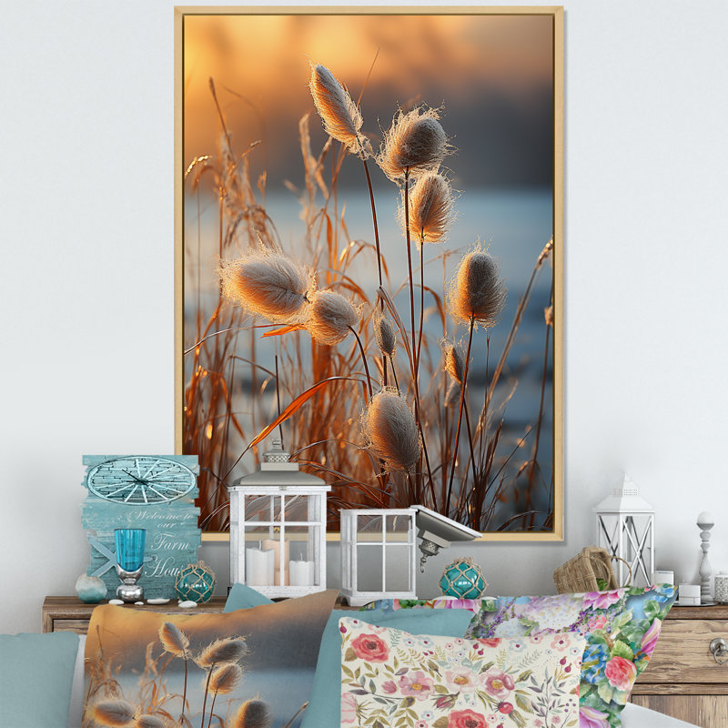 «Beachgrass Sunset Nature Herbs I», reproduction d'art sur toile, Cadre naturel flottant, H 40 po x l 30 po x P 1,5 po