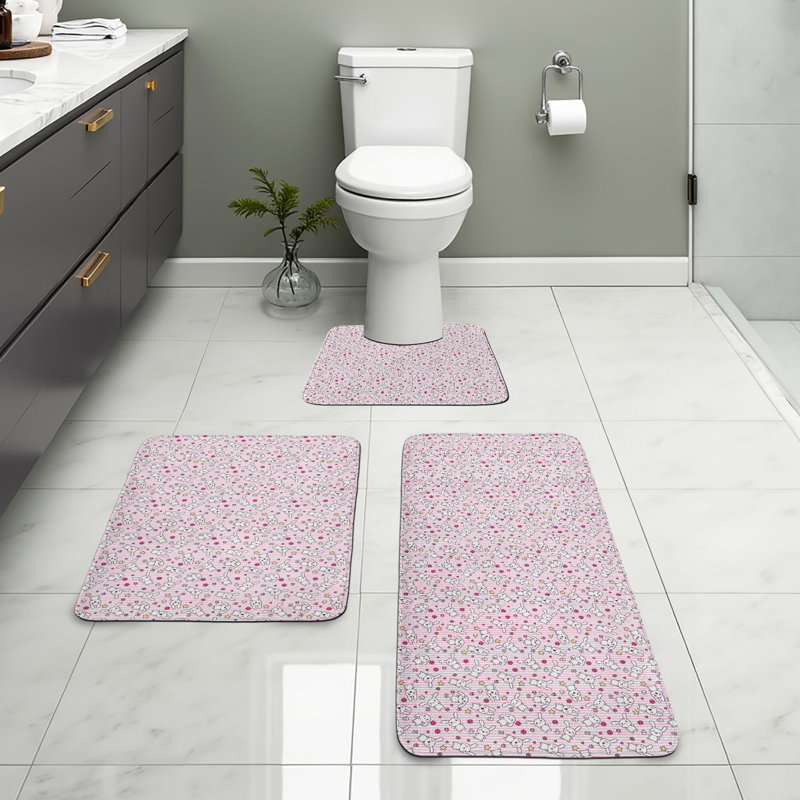  Cartoon Bathroom Rug Set 3 Pieces U-Shape & Rectangle Mats Pale Pink Pink