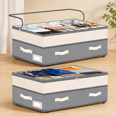 2 Pack Under Bed Storage with Wheels 92L Adjustable Height Rolling Bin Clear Lid Clothes Shoes Organizer Grey