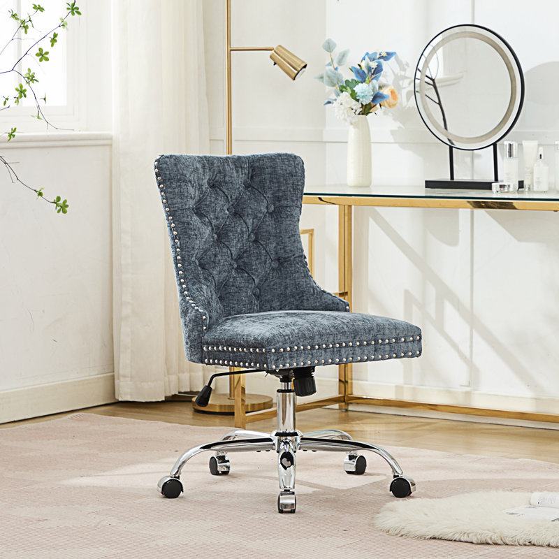 Chaise de bureau moderne rembourrée capitonnée avec base en métal et chaise de bureau réglable, Bleu clair, Chenille