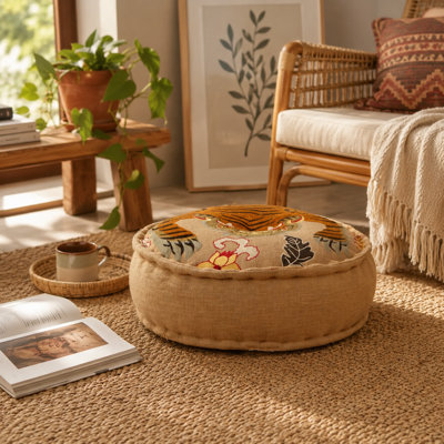 Embroidered Tiger Floor Pouf Cushion, 24x8 Inch Round Cotton Pouf Ottoman, Decorative Boho Floor Pillow with Polyester Filling for Living Room
