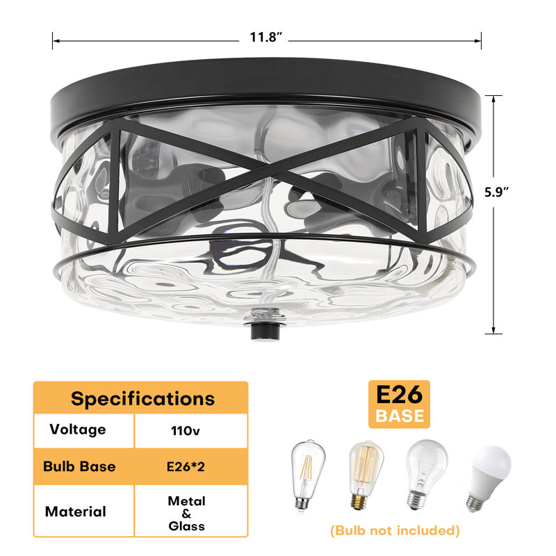 Alixandra 2-Light Flush Mount Glass Ceiling Light with Metal Frame, Matte Black, 11.81" L x 11.81" W x 5.9" H
