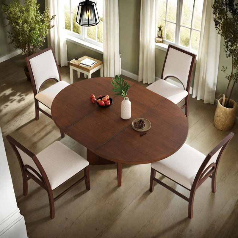 Ensemble de table de salle à manger en bois massif pour 4 personnes avec plateau extensible et chaises rembourrées, Brun