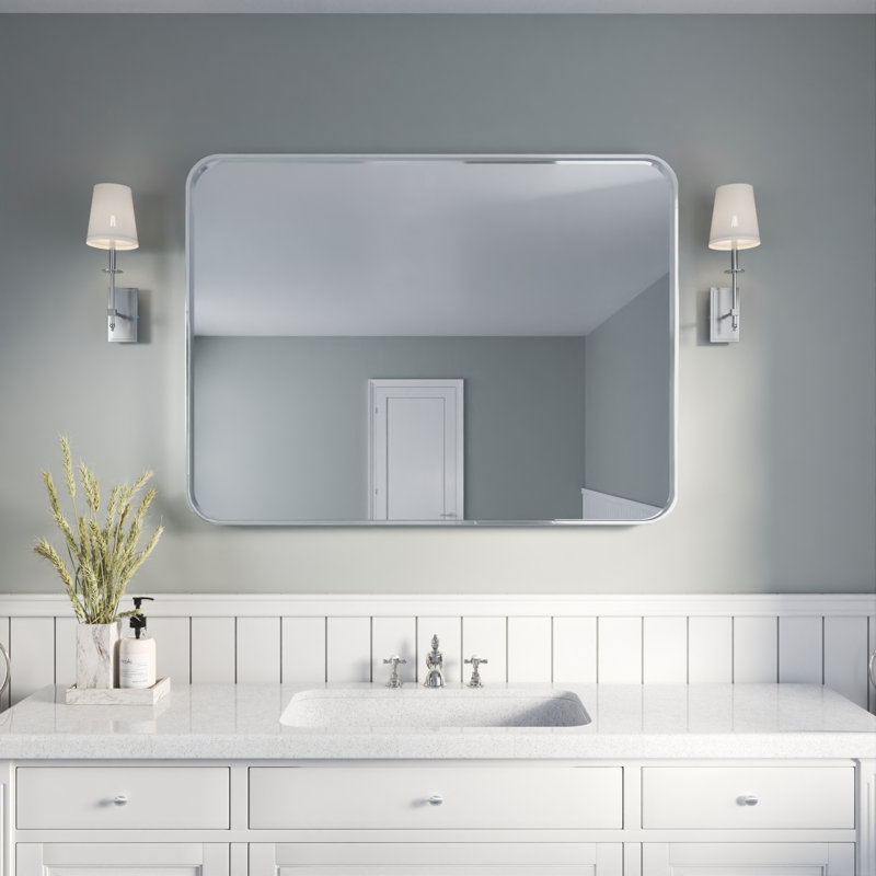 Élégant miroir encadré en aluminium avec coin arrondi pour une décoration intérieure élégante, Argent argent, Rectangulaire