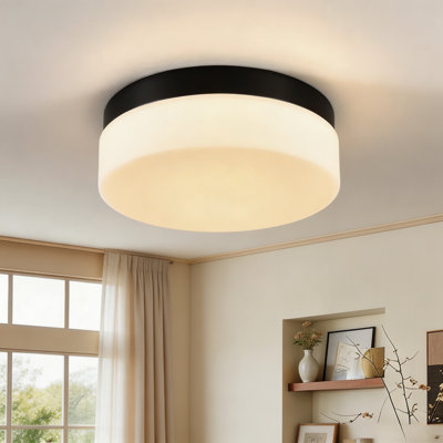 Modern Black Metal Frame Milky Glass Shade Led Flush Mount Ceiling Light, 5 Color Temperatures Adjustable For Living Room Bedroom