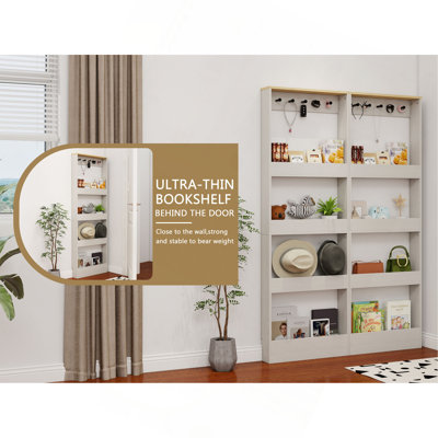 Bibliothèque de 69 po de hauteur avec 4 tablettes et 5 crochets, armoire de rangement étroite pour le salon, la chambre d'enfant, la salle d'étude, la cuisine et le couloir