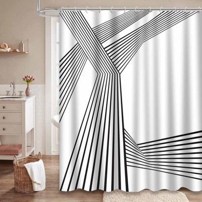 Black Wave Stripe Optical Line White Shower Curtain with 12 Hooks
