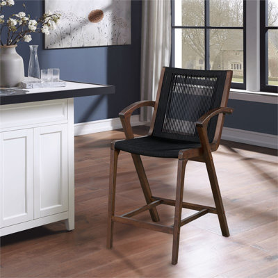 Pemberly Row Contemporary Acacia Wood Rope Bar Stool in Cappuccino