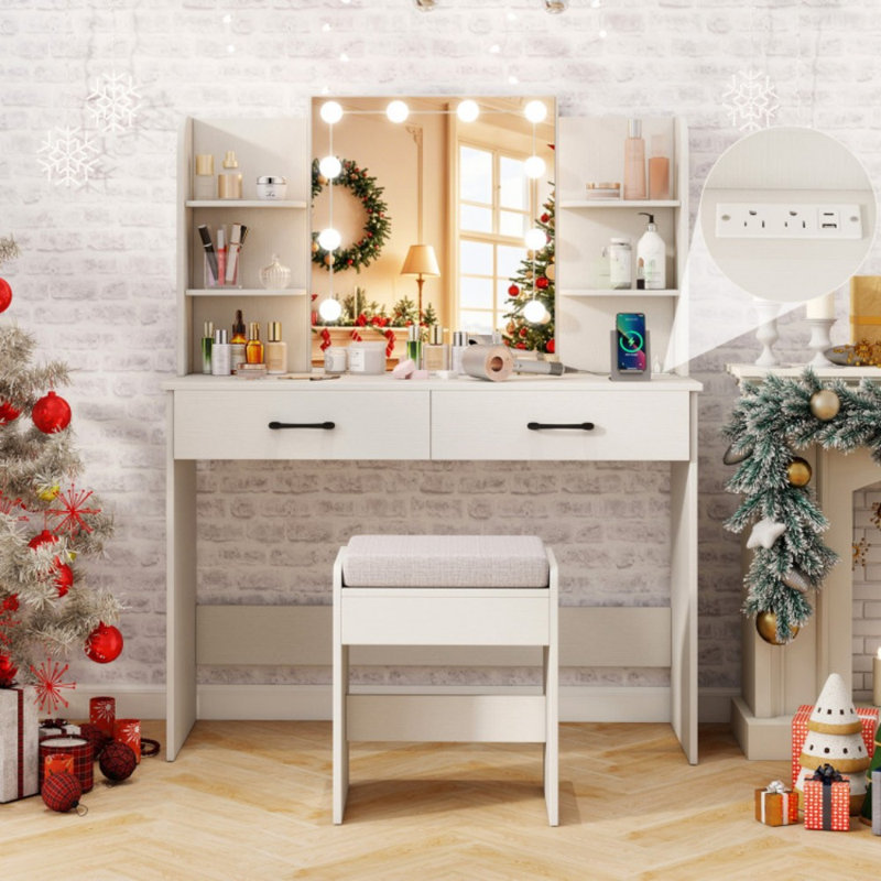 Vanity Set with Lighted Mirror and Stool with Power Outlet, White