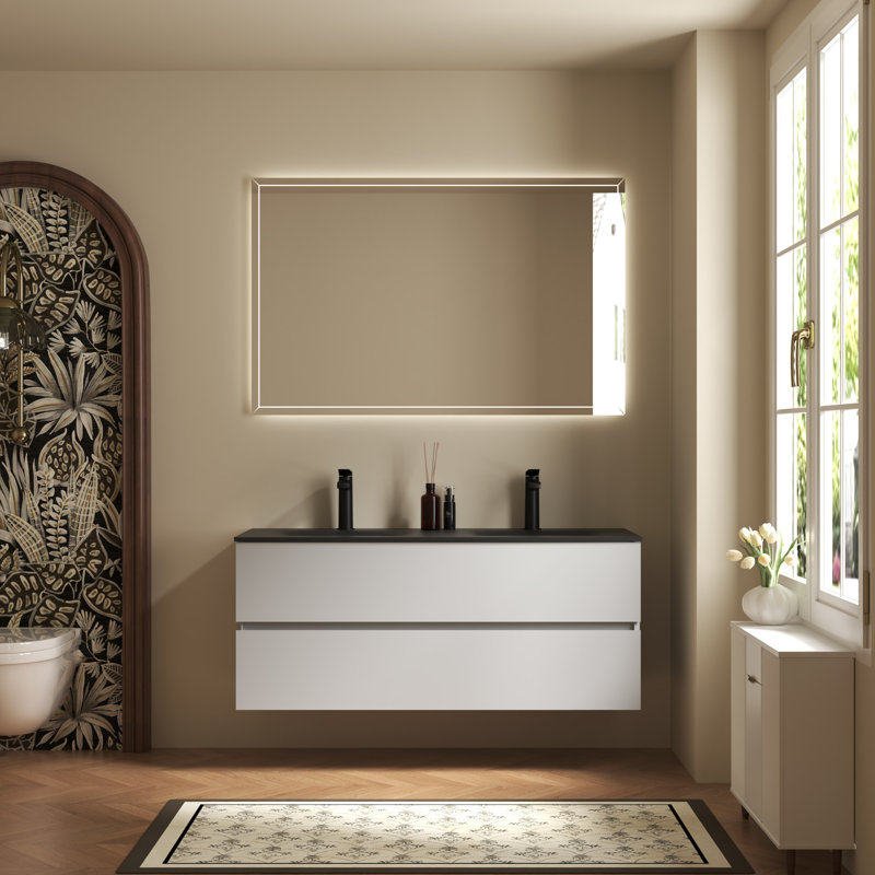 Meuble-lavabo double mural 48 po avec plateau en pierre noire et 2 tiroirs 48 po, 48"